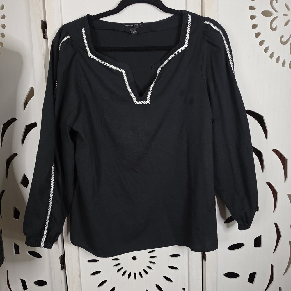 Women's Banana Republic Long Sleeve Blouse Black With White Trim. Whimsy goth
